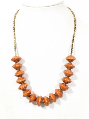 Collar Tribal Cuentas Naranja Quemado Cuentas Barril Tono Latón Estilo Artesanal 24" Foto 1 de 4