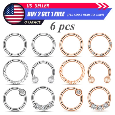 6Pcs Steel HINGED Segment Nose Ring Septum Clicker Ear Daith Horseshoes Hoop 16G - Image 1 of 4