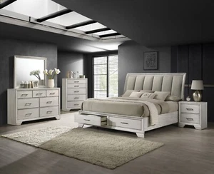 6Pc King Size Platform Storage Platform Bed Set White Cream Finish Solid Wood - Picture 1 of 9