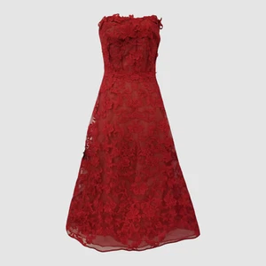 Marchesa Notte Women Red Victorian Corded Lace Strapless Midi Dress Size 6 - Picture 1 of 4