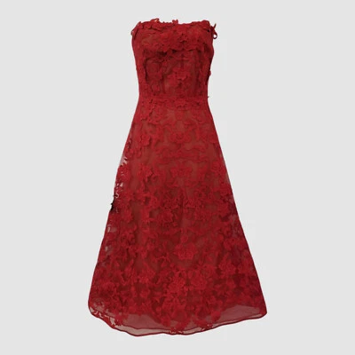 Vestido midi Marchesa Notte para mujer rojo victoriano con cordones de encaje sin tirantes talla 6 Foto 1 de 4