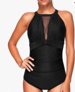 Womens Elegant Halter-Style Black Mesh One-Piece Swimsuit Size L Beach Vacation - Picture 1 of 10