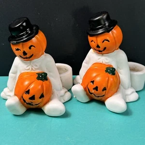 Vtg Halloween Jack-o-Lantern Ceramic Candle Holders 2pc Pumpkin Patch Kitschy - Picture 1 of 11