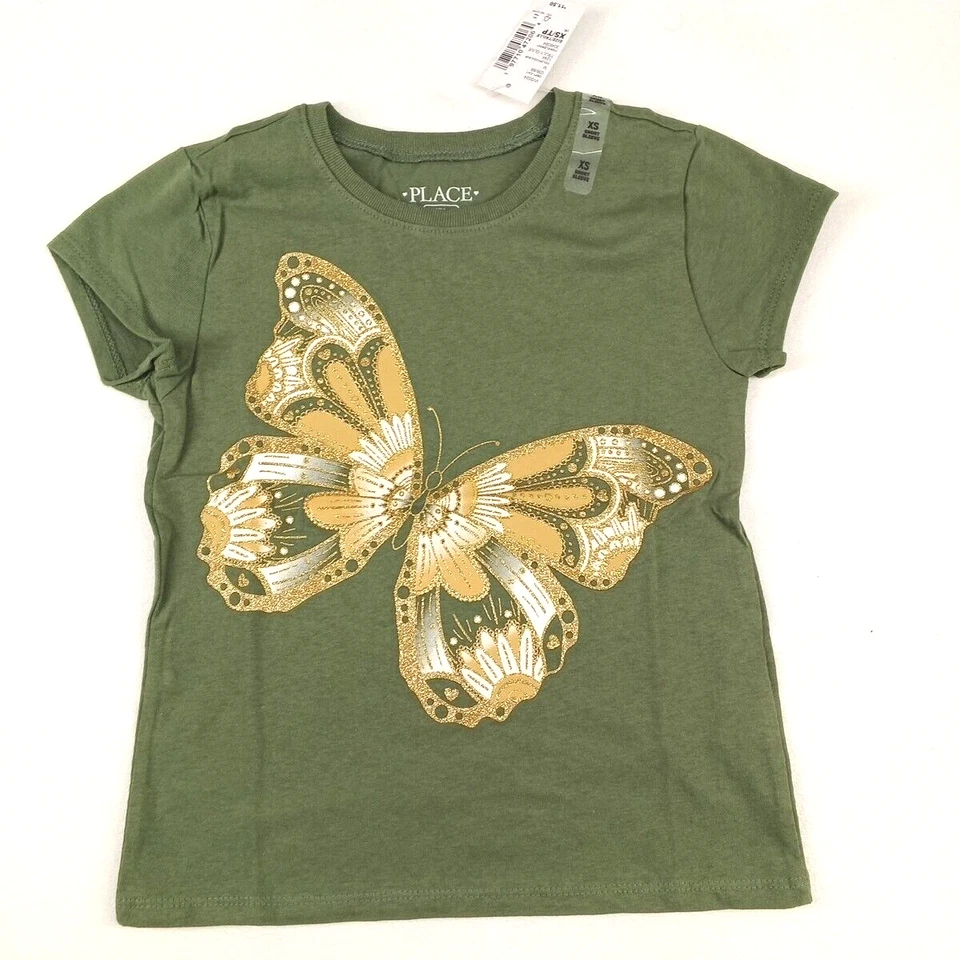 NWT THE CHILDREN'S PLACE Girls Butterly Print Glitter T-shirt Olive 100% Cotton - Image 1 of 4