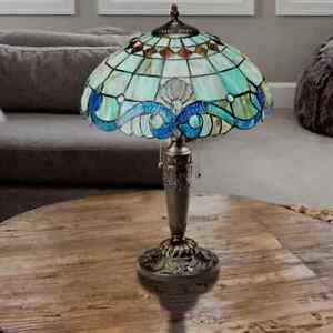 Stained Glass Tiffany Style Vintage Accent Victorian Theme Table Lamp in Blue