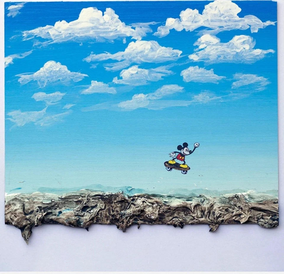 Jeff Gillette - Mickey Skateboard - Pintura Original Firmada Medios Mixtos sobre Madera Foto 1 de 1