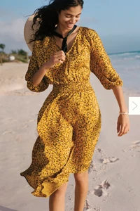 Anthropologie Maeve XL Marigold Yellow Sundress Midi Lined V-Neck Puff Sleeve - Picture 1 of 9