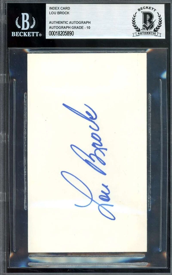 Lou Brock Gem Mint 10 Beckett BAS Signed 3x5 Index Card Autograph - Image 1 of 2