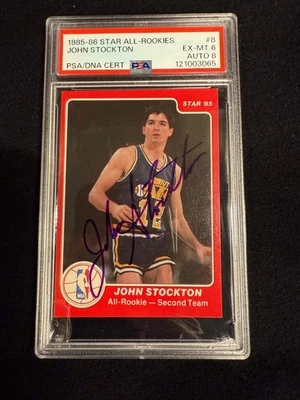 1985-85 Star John Stockton #8 All Rookies EX-MT PSA 6 AUTO ON CARD PSA 8 - Image 1 of 3