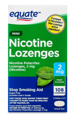 Equate Mini Nicotine Polacrilex Lozenges Stop Smoking Aid 2mg 108ct Mint Ex 3/28 - Image 1 of 4