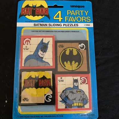 BATMAN 4 FAVORES DE FIESTA ROMPECABEZAS DESLIZANTES #1740 Juguetes únicos 1989 -- Sellado en tarjeta Foto 1 de 3