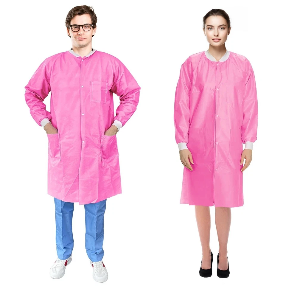 Disposable Lab Coat 46 in Long, 2XL, 50 Pack Pink SMS Medical Coats, 3 Pockets - Image 1 of 4