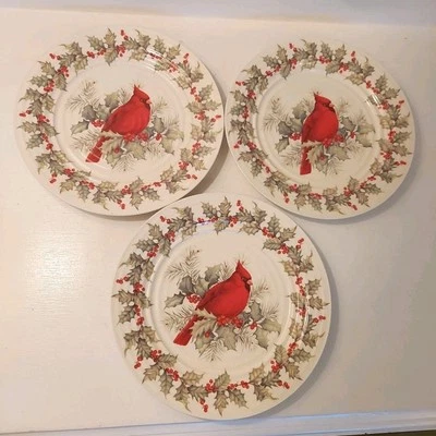 Cracker Barrel Plates Lot Of 3 Cardinal & Holly Plaid Tidings Salad Plate 8 1/2" - Image 1 of 4