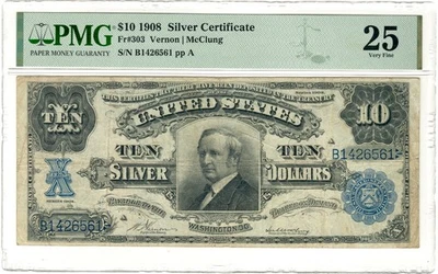 Fr#303 1908 $10 US Blue Seal Tombstone Silver Certificate Note PMG 25 VF - Image 1 of 2