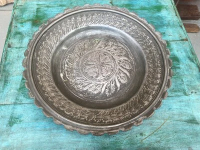 Antiguo Antiguo Antiguo Raro Cobre Sólido Plateado Floral Grabado a Mano Plato  Foto 1 de 4