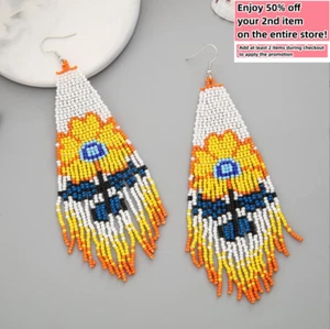 BOHO Seeds Beaded Earrings Flowers Fringe Tassel Bohemian Dangle Drop Handmade - Picture 1 of 19