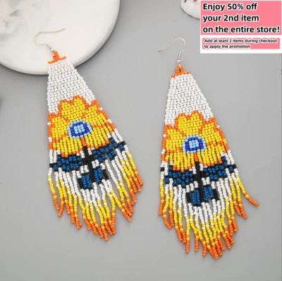 BOHO Seeds Beaded Earrings Flowers Fringe Tassel Bohemian Dangle Drop Handmade - Image 1 of 4