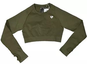 NWT💖WOMENS BEST💖MEDIUM💖POWER SEAMLESS LONG SLEEVE CROP TOP💖KHAKI💖SO CUTE - Picture 1 of 7