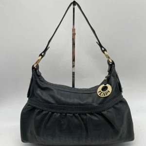 FENDI Chef 2-way Shoulder Bag Hand Bag Zucca FF Logo Leather Black Used - Picture 1 of 10
