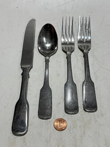 SET Of 5! Vintage ROGERS / ONEIDA Stainless Forks, Spoon, + Knife: FIDDLE Handle - Picture 1 of 2