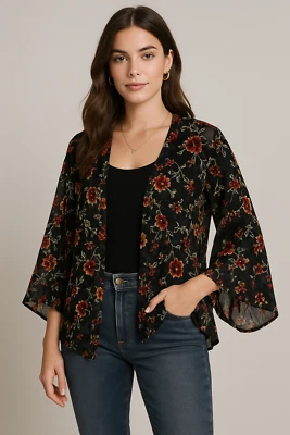Whimsigoth Velvet Burnout Cardigan Women L Black Floral Kimono Asymmetrical - Image 1 of 4