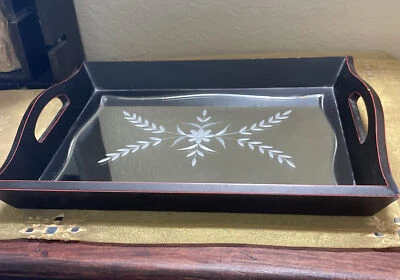 13.5" faux cherry wood etched mirror vanity tray w/ handles Paris Collection Vtg - Image 1 of 4