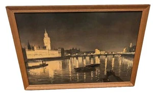 Vintage Max Hofler London Stadt Wasser Kunstdruck gerahmt 28" x 20" 1960er Big Ben - Bild 1 von 17