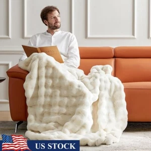 Faux Rabbit Fur Throw Blanket Soft Plush Bubble Fleece Anti-Shedding Cozy New - Picture 1 of 9