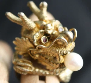 Vintage Gilt Silver Ruby Eye & Pearl in Mouth Dragon Ring - Picture 1 of 5