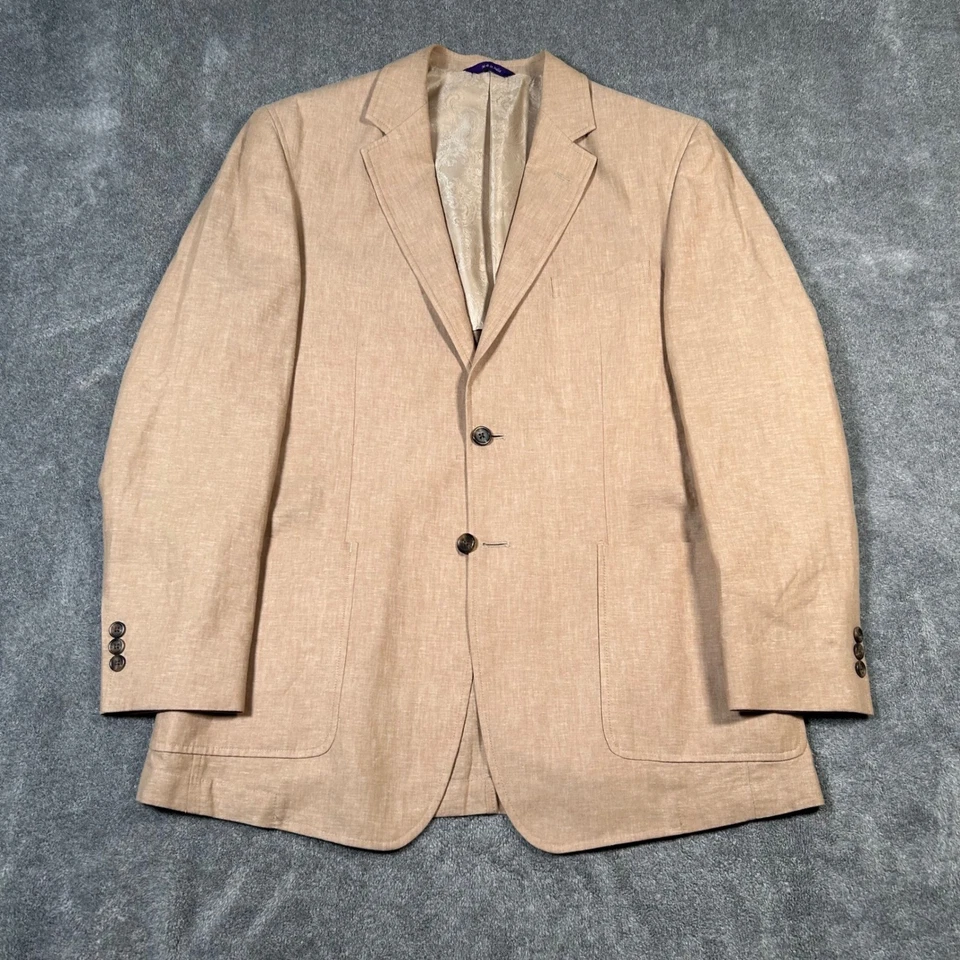 Alan Flusser Blazer 亚麻混纺双扣西装外套运动外套米色男式中号 — 第 1/4 张图片