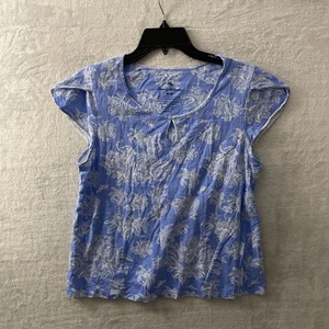Tommy Bahama Womans Blouse Top Blue Floral Medium Cotton Blend Short Sleeve - Picture 1 of 7