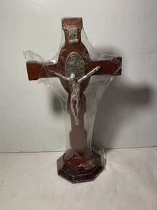 Crucifix Cross w Medal Walnut Finish Wood Free Standing Religious New - Picture 1 of 8