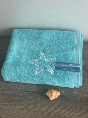 NAUTICA Starfish Embroidered Bath Towel Blue 100% Cotton New! - Image 1 of 4