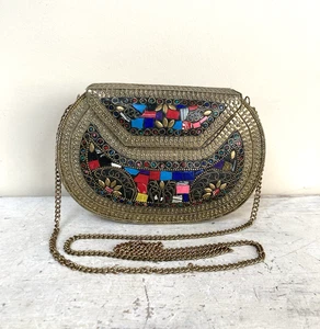 Vintage Handmade Brass Metal Mosaic Handbag Crossbody Bag Hard Case Colourful - Picture 1 of 8