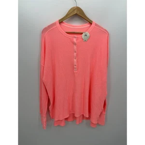 Offline Aerie Womens Neon Pink Thermal Knit Long Sleeve Henley Shirt Size L NWT - Picture 1 of 8