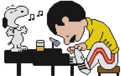 CROSS STITCH+ CRAFT PATTERN Snoopy Dog Freddie Mercury Queen Piano Sing Music - Image 1 of 4