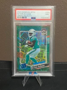 2023 DE'VON ACHANE DONRUSS OPTIC GREEN VELOCTIY ROOKIE FOOTBALL CARD #269 PSA 9 - Picture 1 of 2