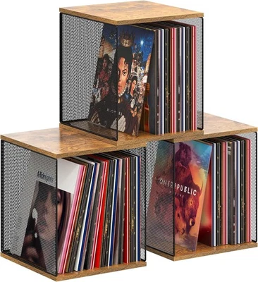 3 Cube Vinyl Record Storage DIY Stackable 120-150 Records 3 Cube, Black Brown  - Image 1 of 4