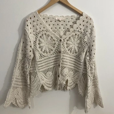 Cárdigan solitario de punto abierto de ganchillo para mujer pequeño dobladillo festoneado manga campana boho Foto 1 de 4