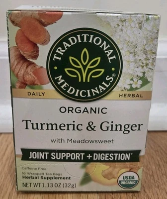 Medicinales Tradicionales Orgánico, Té de Cúrcuma con Jengibre y Meadowsweet Nuevo Foto 1 de 4