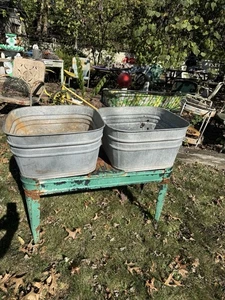 Vintage Double Basin Wash Tub WHEELING stand metal galvanized old rustic planter - Picture 1 of 7
