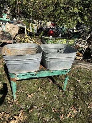 Vintage Double Basin Wash Tub WHEELING stand metal galvanized old rustic planter - Image 1 of 4