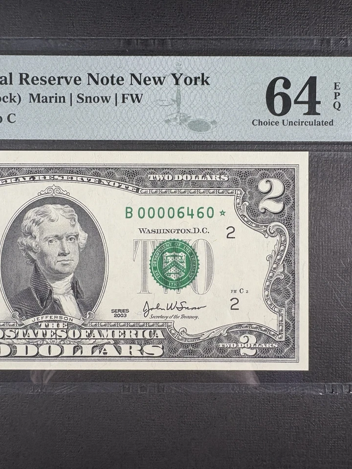 2003 $2 Federal Reserve Star Note PMG 64 Choice Unc EPQ Low Serial - Image 1 of 3