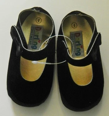 Zapatos de bebé Darling negro terciopelo cierre gancho y bucle satinado lazo infantil talla 4 Foto 1 de 4