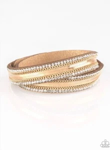 Paparazzi Jewelry Rocker Rivalry Gold Bracelet Leather Snap Rhinestone  - Picture 1 of 2