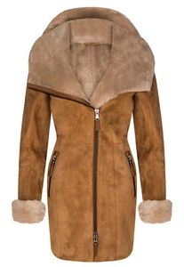 Ladies Tan Hooded Suede Shearling Sheepskin Coat Spanish Merino Brown Coat - Picture 1 of 4