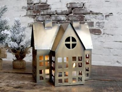 Antique Brass Tea Light House Lantern, Gold Metal Candle Holder Xmas Decor - Image 1 of 3