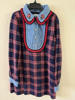 Gucci девочек клетку фланель платье жемчуг кнопка джинсовой ткани цветок аппликация 10 красный синий - Изображение 1 из 4