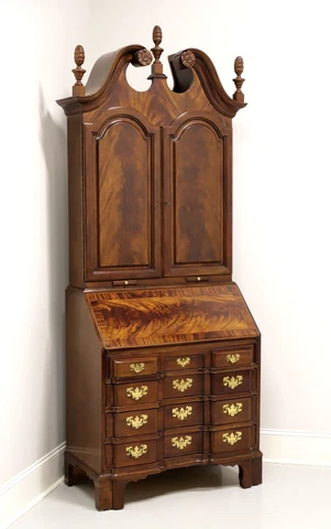 TOMLINSON Crotch Mahogany Block Front Secretary Desk with Blind Bookcase Cover