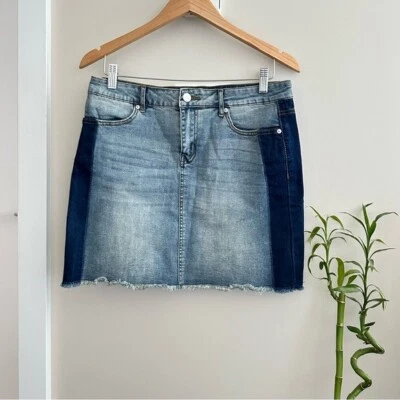 Mini-saia feminina Nordstrom Dex azul denim colorblock EUA tamanho 29 - Imagem 1 de 4